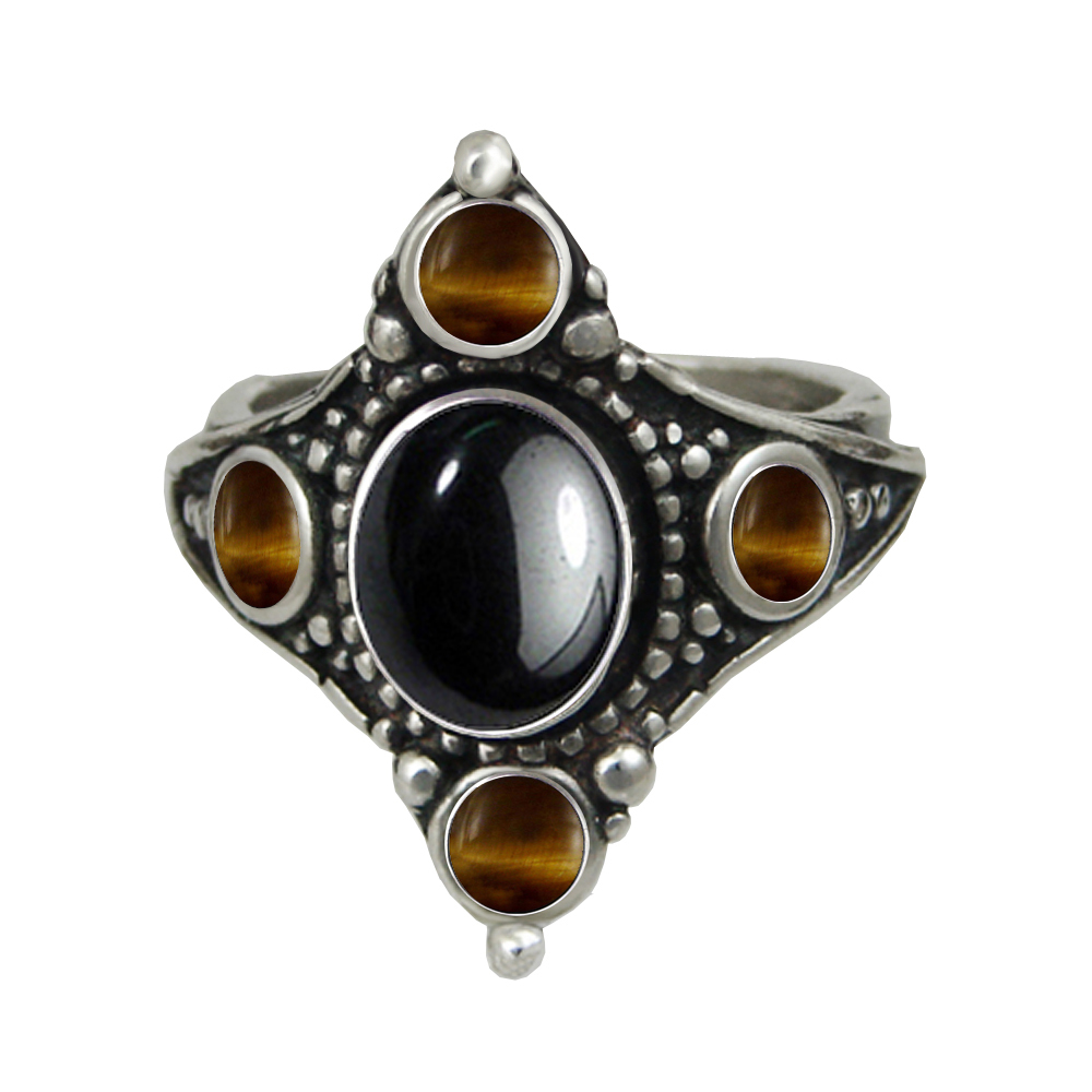Sterling Silver Renaissance Queen's Ring With Hematite And Tiger Size 10